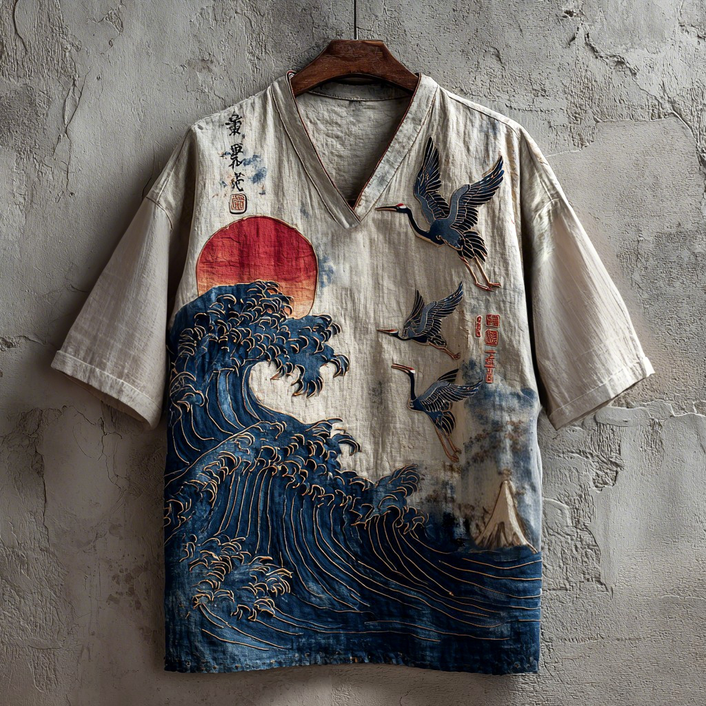 Japanese Pine And Waves Embroidered V-neck Linen Shirt