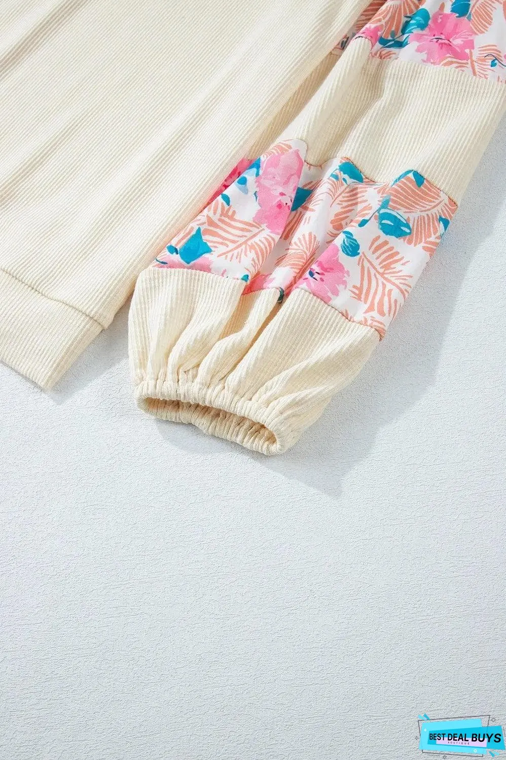 Apricot Plus Size Floral Patchwork Ribbed Puff Sleeve Top