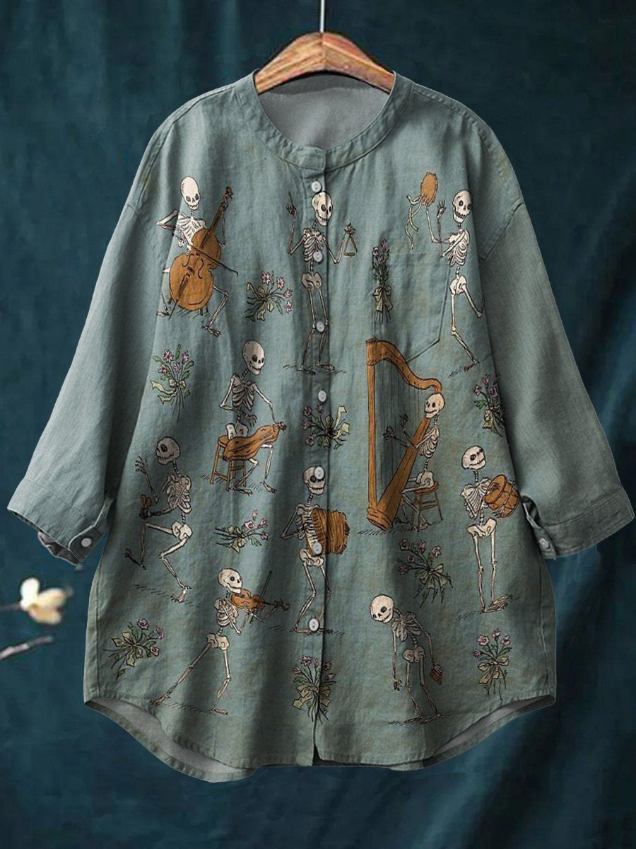Decorative Pattern of Skeletons Playing Musical Instruments Casual Cotton And Linen Shirt