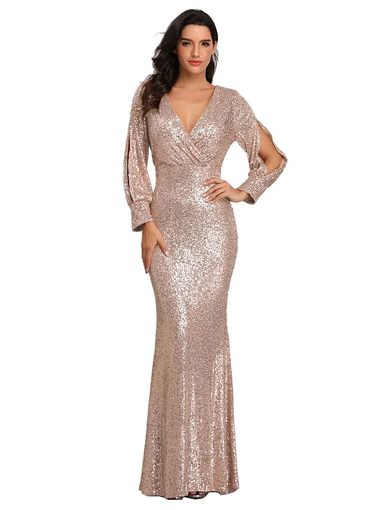 Beauty-Emily Women's V Neck Off-shoulder Long Dresses Sequins High Waist Prom Party Evening Maxi Dress