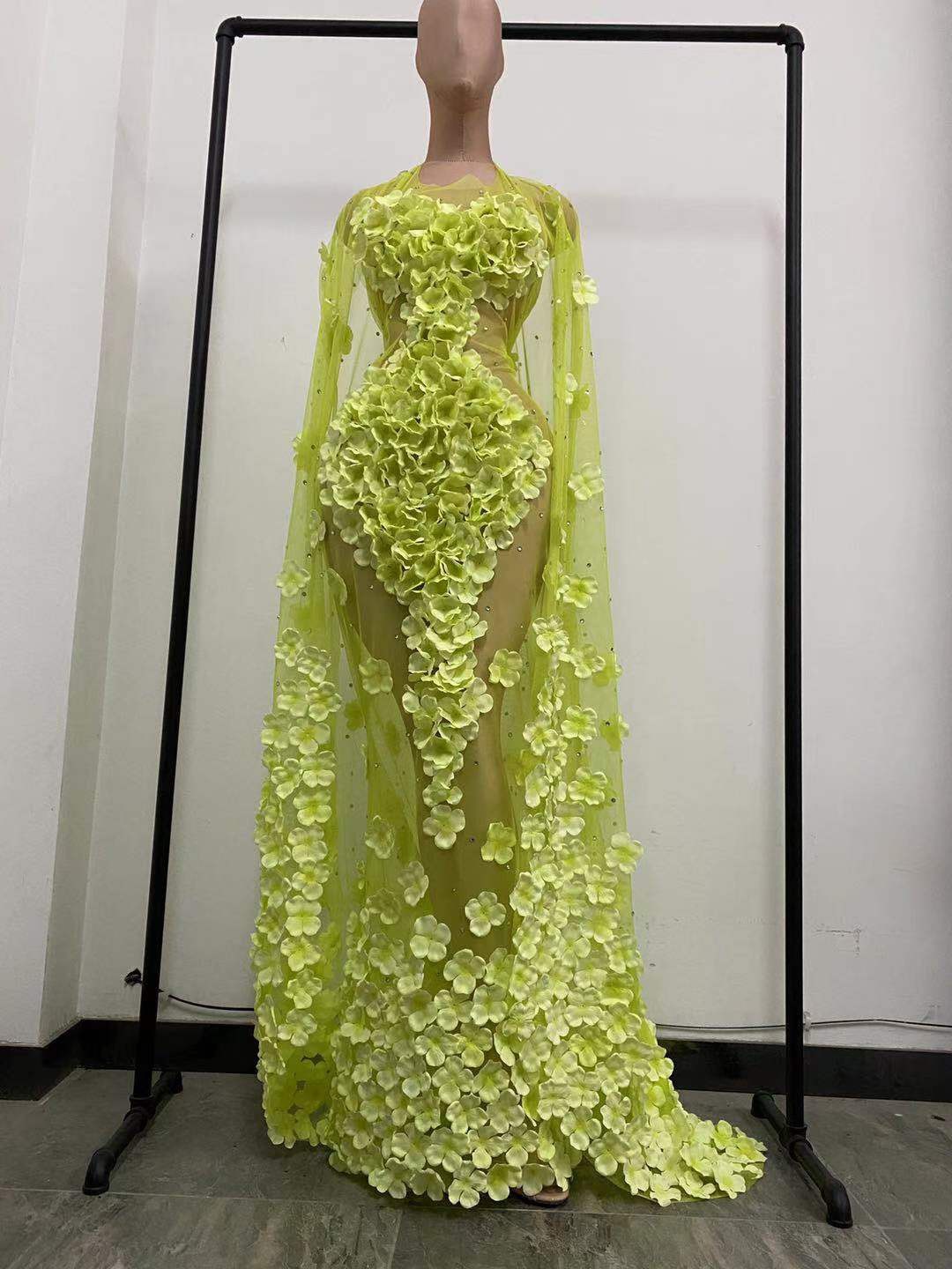 GOOSHOE Rhinestone Floral Mesh See Through Cloak Dress Women Birthdy Outfit Floor Length Trailing Dress Gown