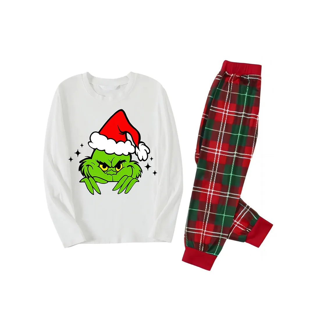 Christmas Cute Green Cartoon Pattern 2024 White Long Sleeve with White&Red&Green Plaid Pants Family Matching Pajamas