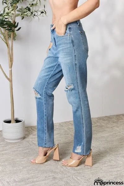 Judy Blue Full Size Distressed Raw Hem Straight Jeans