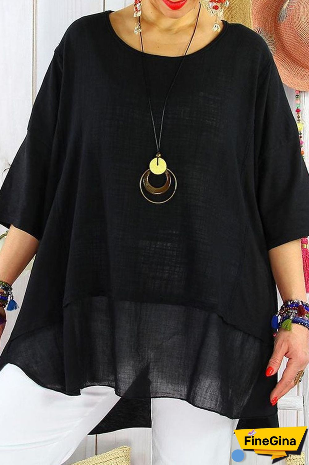 Fashion Street Solid Split Joint O Neck Plus Size Tops