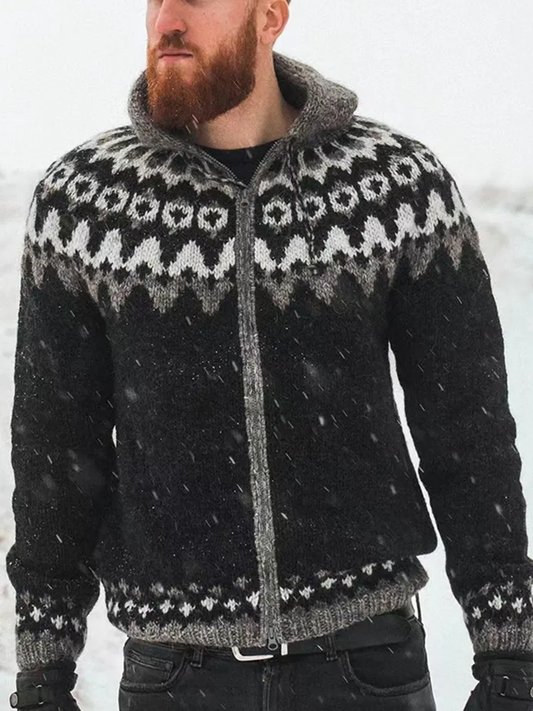 Retro Graphics Iceland Jacquard Zipper Up Hooded Sweater