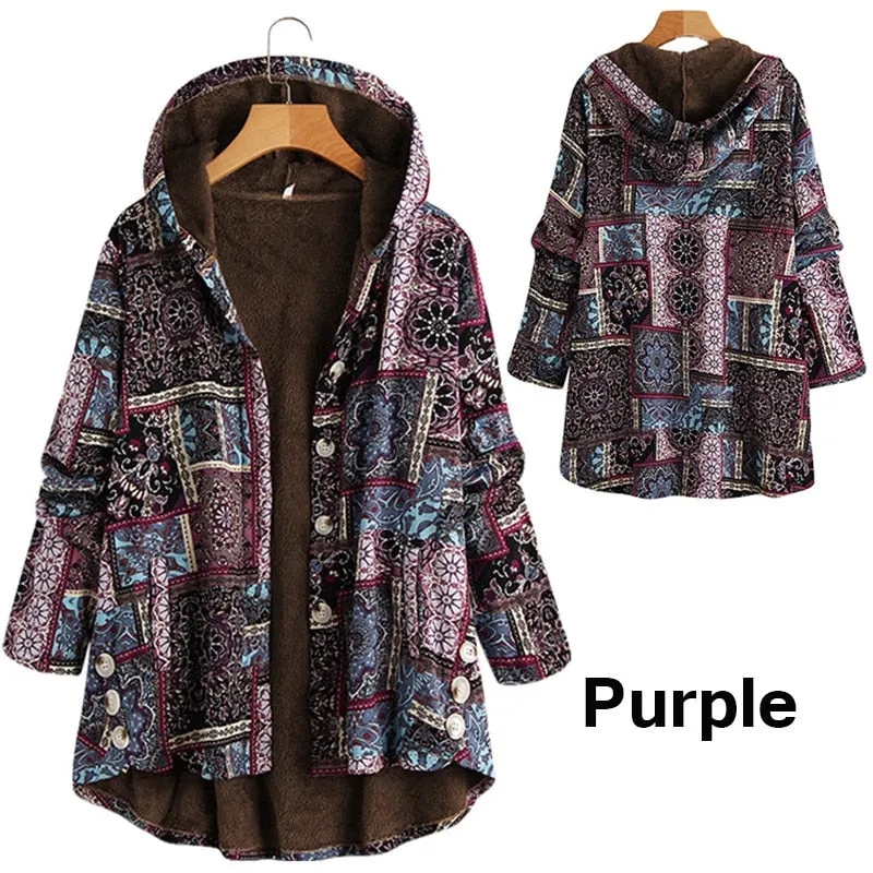 2021 Women Winter Long Hooded Pockets Oversized Floral Printed Loose Casual Jackets Button Comfort Long Sleeve Parkas Coats