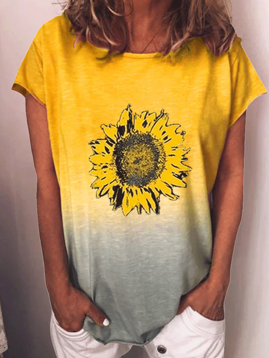 Rainbow Gradient Sunflower Print T-shirt