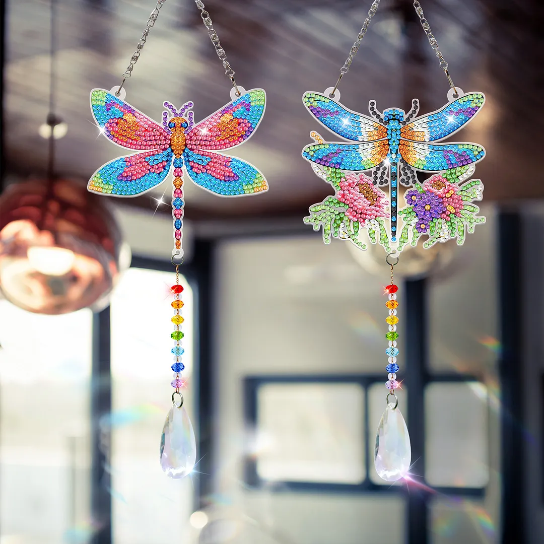 2Pcs Dragonfly DIY Acrylic Diamond Painting Art Wind Chimes with Crystal Pendant Diamond Art Hanging Pendant Double-Sided for Adults Beginners Gift Home Garden Decor