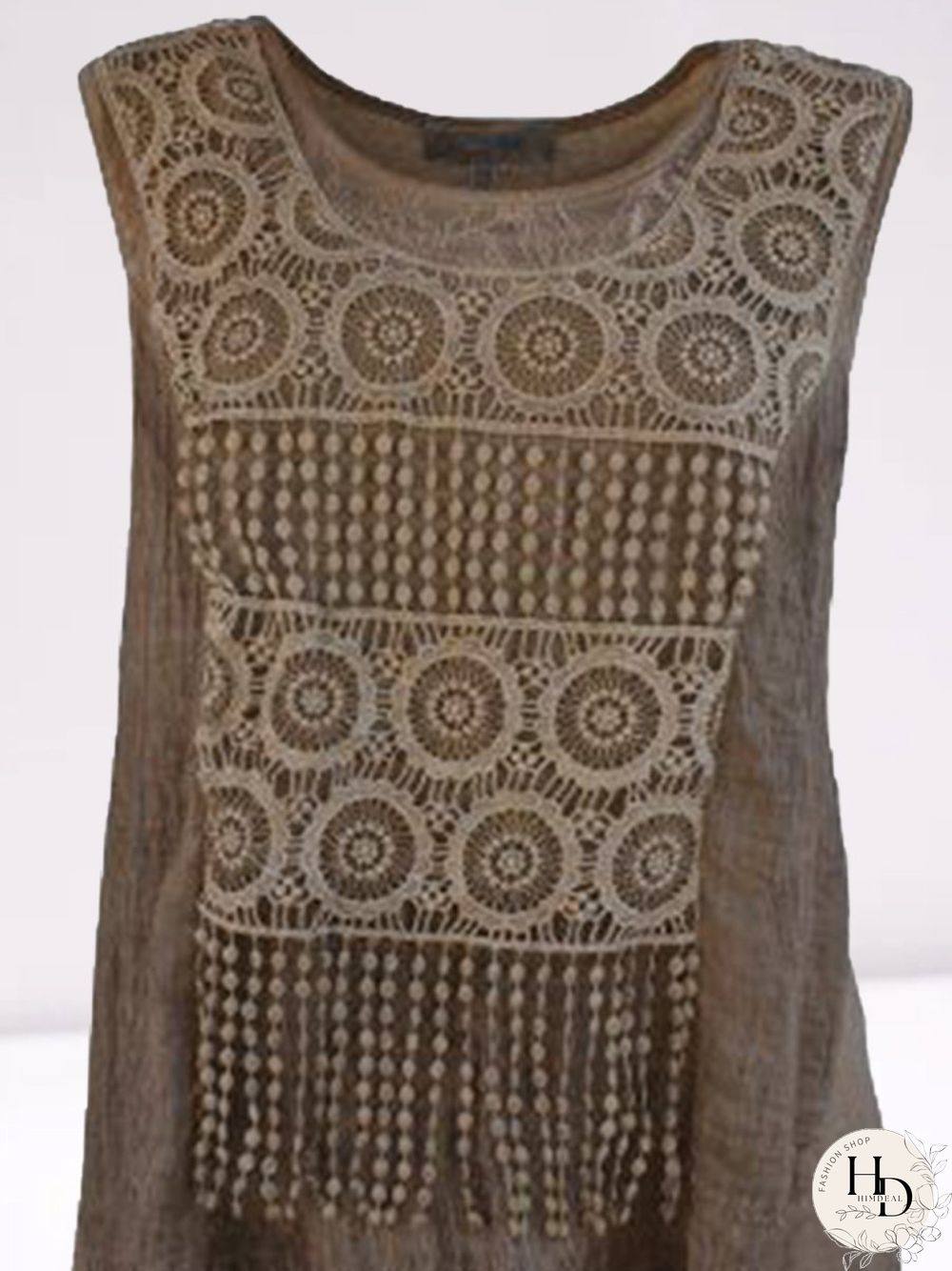 Sleeveless Lace Polyester Crew Neck Vintage Summer Brown Top