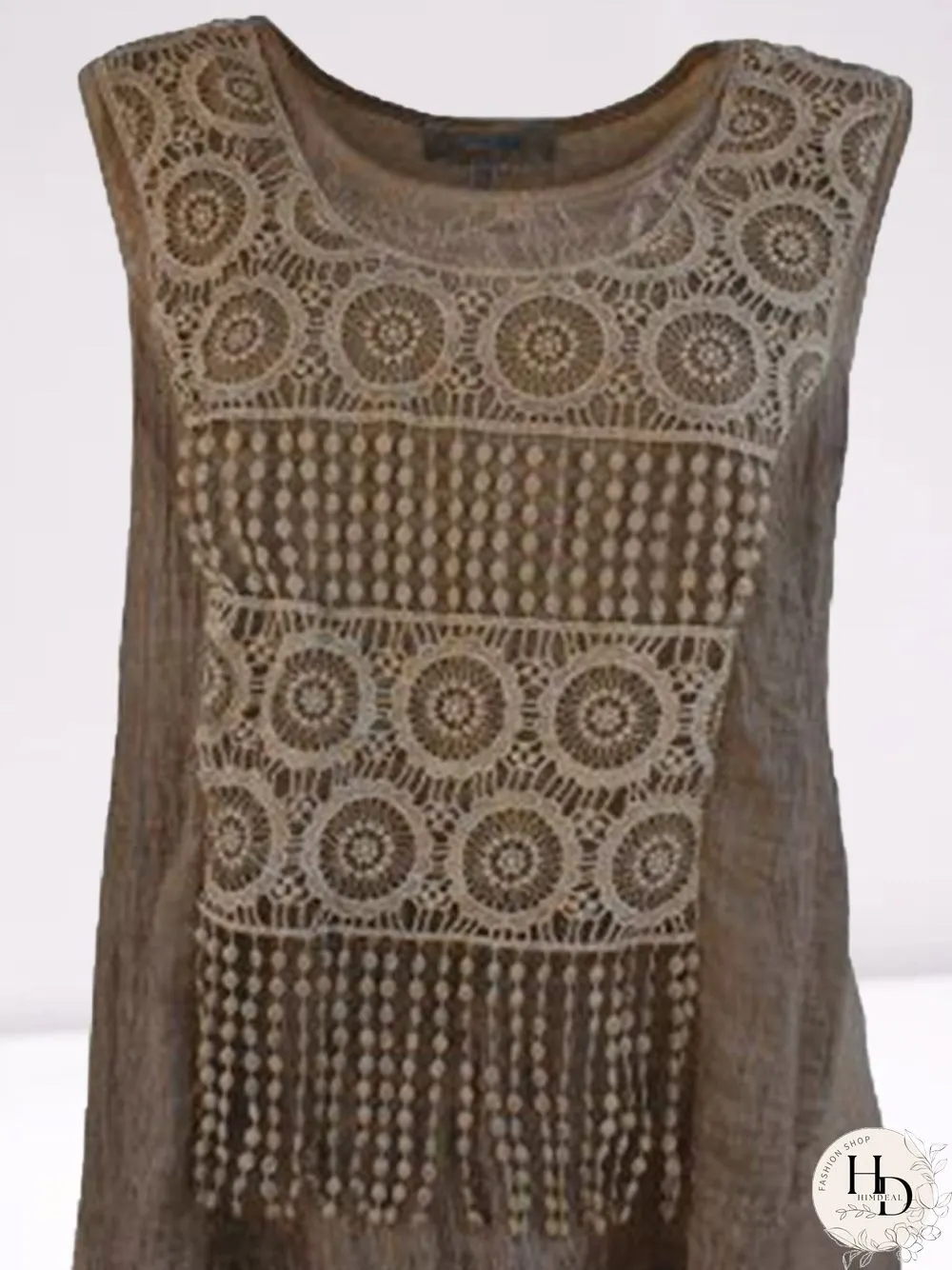 Sleeveless Lace Polyester Crew Neck Vintage Summer Brown Top