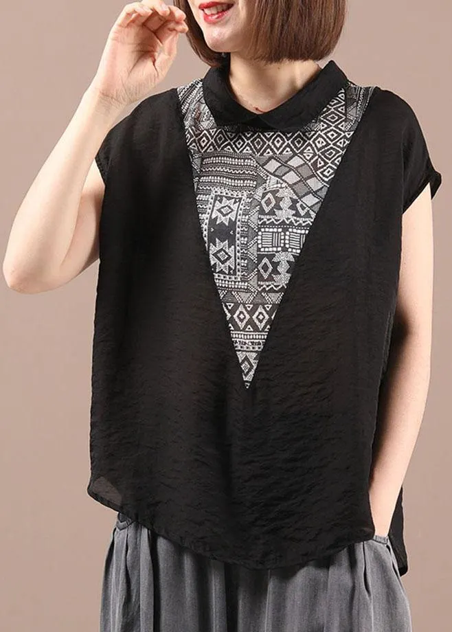 Women Black Patchwork Print Summer Casual Top Sleeveless
