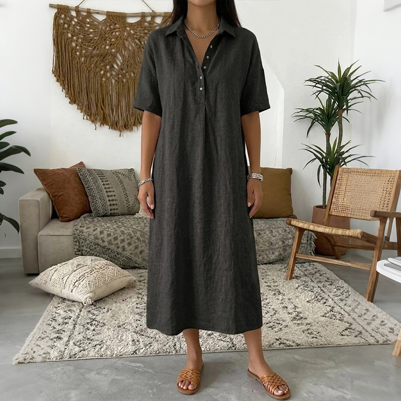 Women's Solid Color Lapel Linen Blend Shirt Midi Dress elevenforest