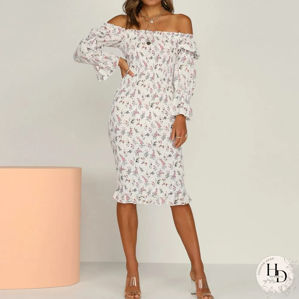 Fashion Strapless Printed Tight-Fitting Mid-Length Package Hip Skirt Spring And Summer Sweet Style