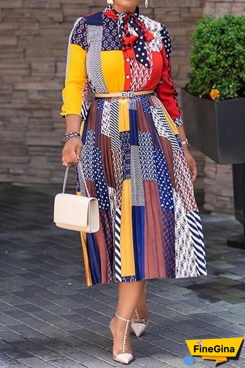 Blue Casual Elegant Print Patchwork Fold Ribbon Collar Straight Dresses