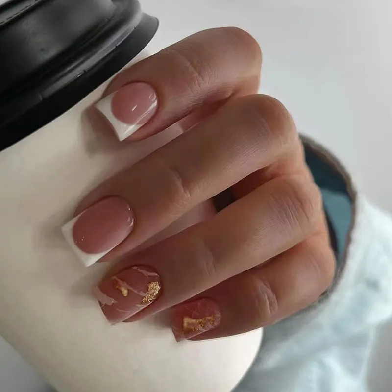 Churchf Churchf And Simple White French Marbling Gold Foil Nail Fashion Wearable Beautiful Nail Piece
