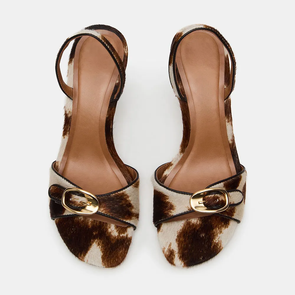 Brown & White Cow Print Slingback Stiletto Heeled Sandals with Buckle