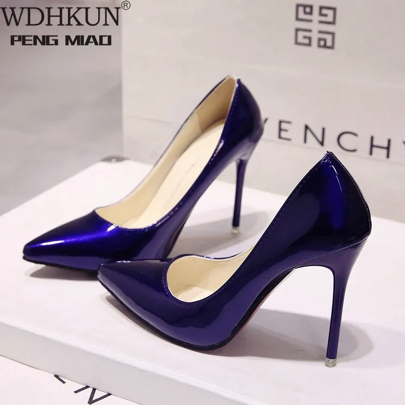 Women Shoes Pointed Toe Pumps Patent Leather Dress High Heels Boat Shoes Wedding Shoes Zapatos Mujer White Blue Red