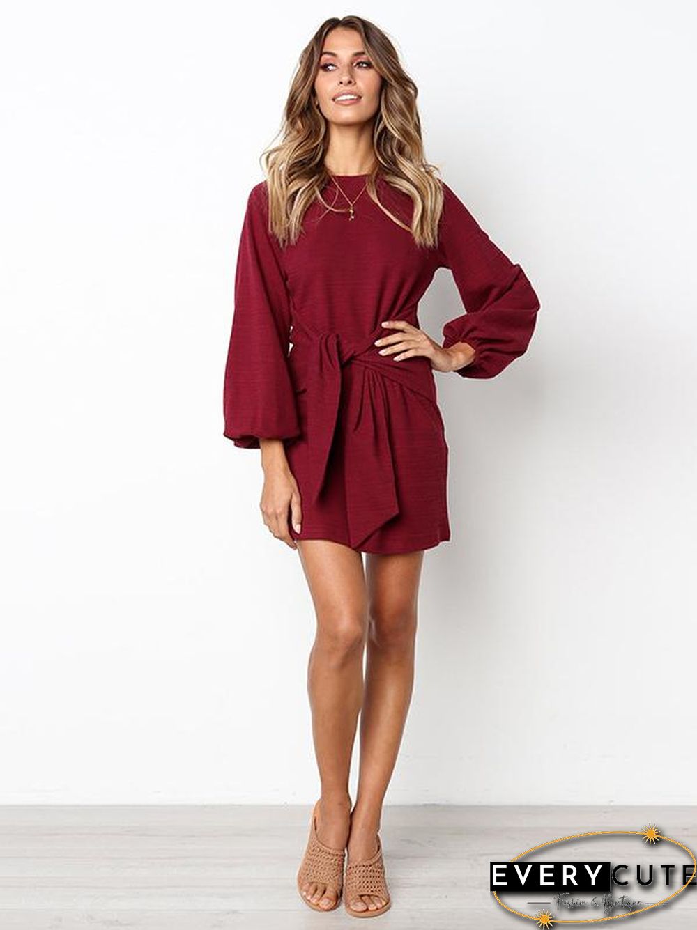 Long Sleeves Round Neck Waist Wrap Mini Dress