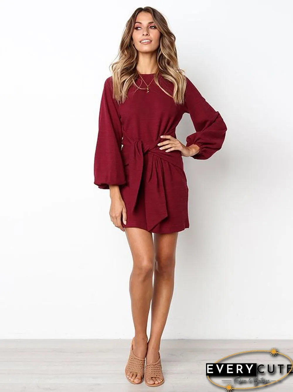 Long Sleeves Round Neck Waist Wrap Mini Dress
