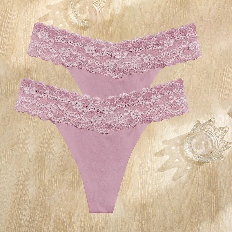 FINETOO 2PCS/Set Gstring Seamless Women Lace Pantys Girls Thongs S-L Fashion Sexy Underwear For Woman Lingerie Floral Panties