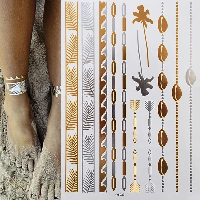 Temporary Tattoos Gold Silver Metallic Tattoo Arm Body Tattoo Cool Bracelet Style Girl DIY Golden Flash Tattoos