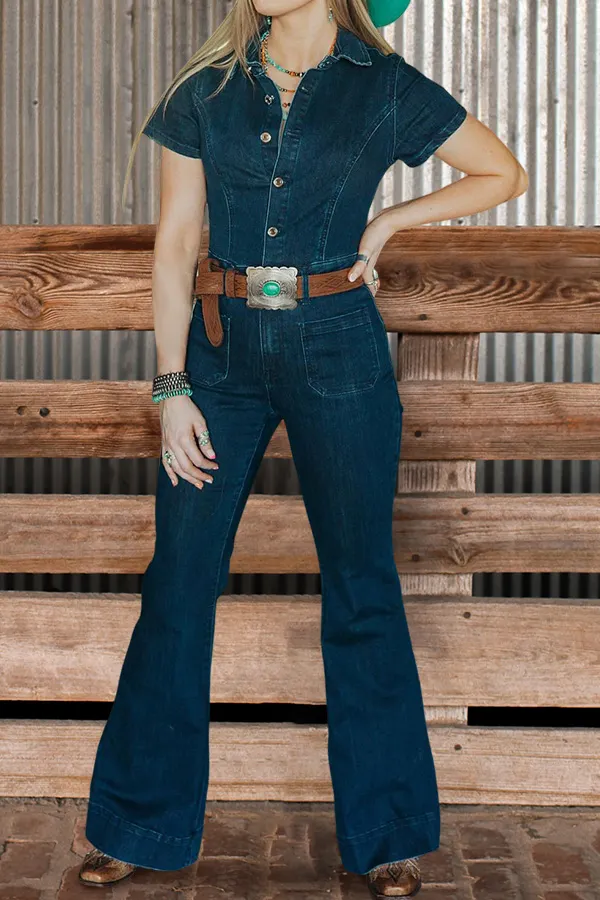 Buttoned Flared Denim Jumpsuit