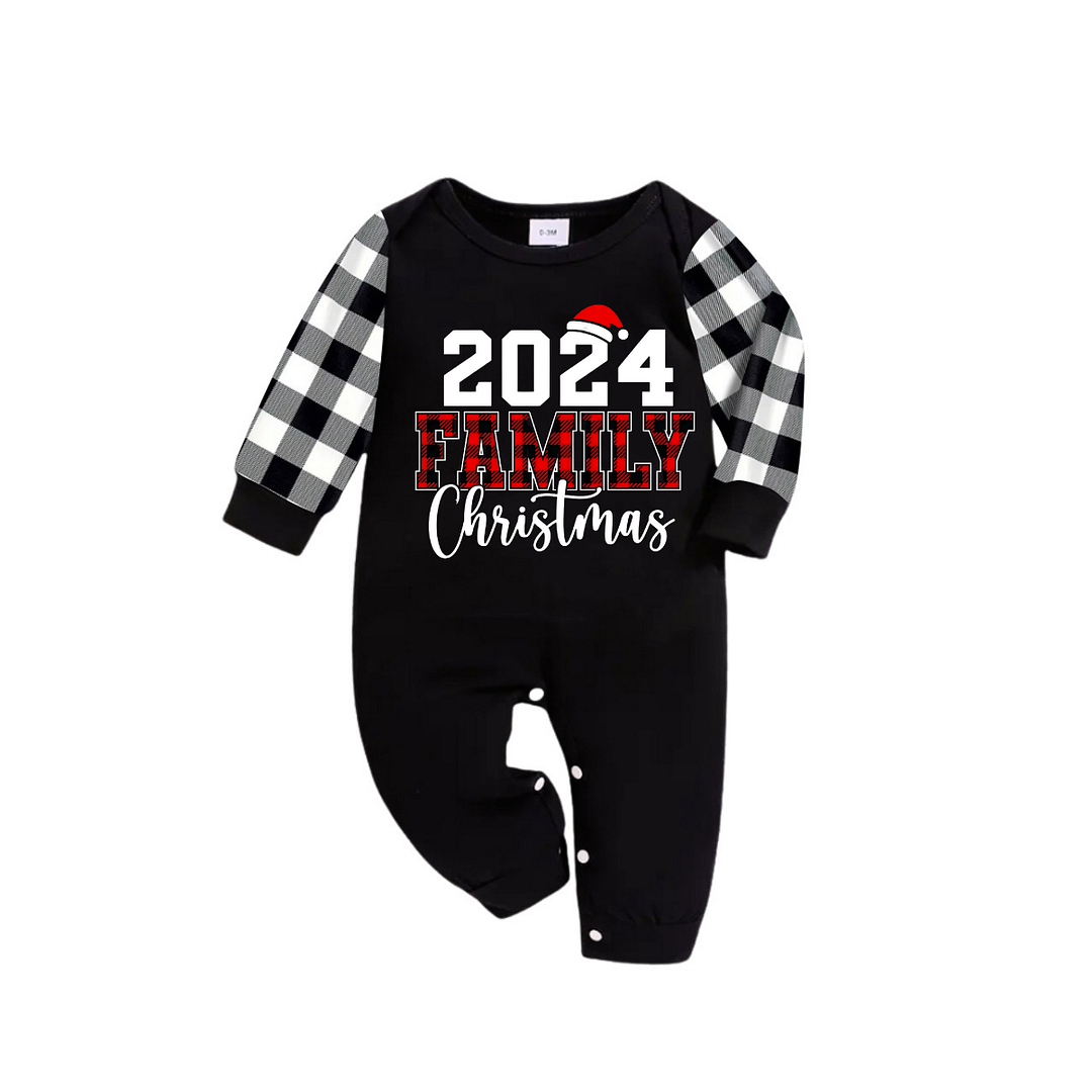 2024 Family Christmas Text Print Black Long Sleeve Top with Black And White Plaid Pants Family Matching Pajamas