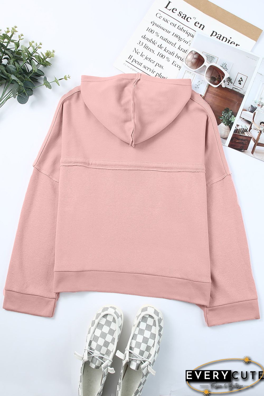 Pink Casual Button Solid Patchwork Trim Hoodie