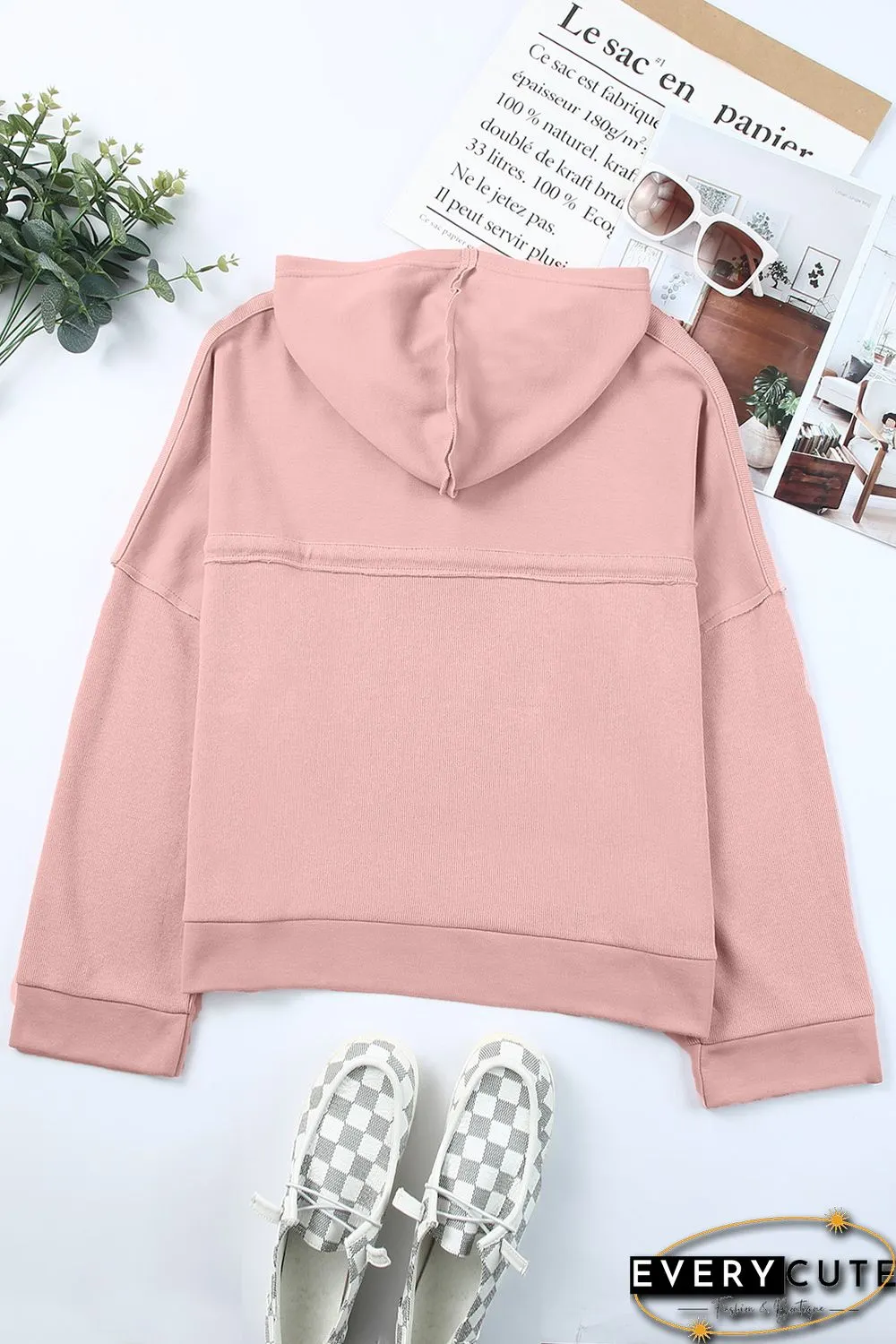 Pink Casual Button Solid Patchwork Trim Hoodie