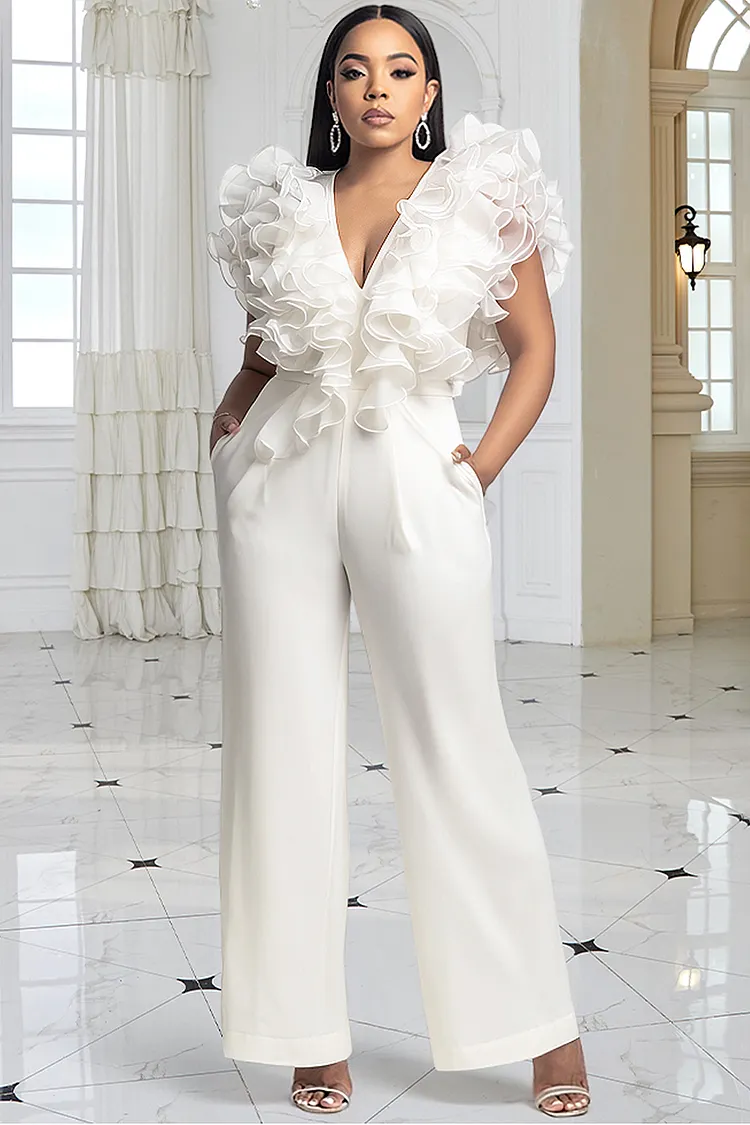 Xpluswear Design Plus Size Formal White V Neck Flutter Sleeve Ruffle Pocket Tulle Jumpsuits 2024 - Xpluswear