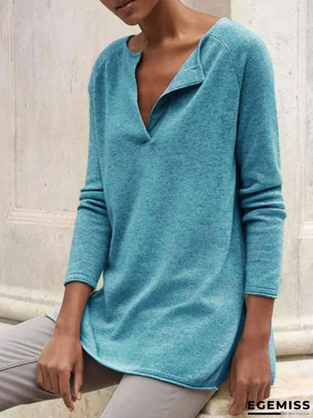 Gray Plain Casual Cotton-Blend Sweater | EGEMISS