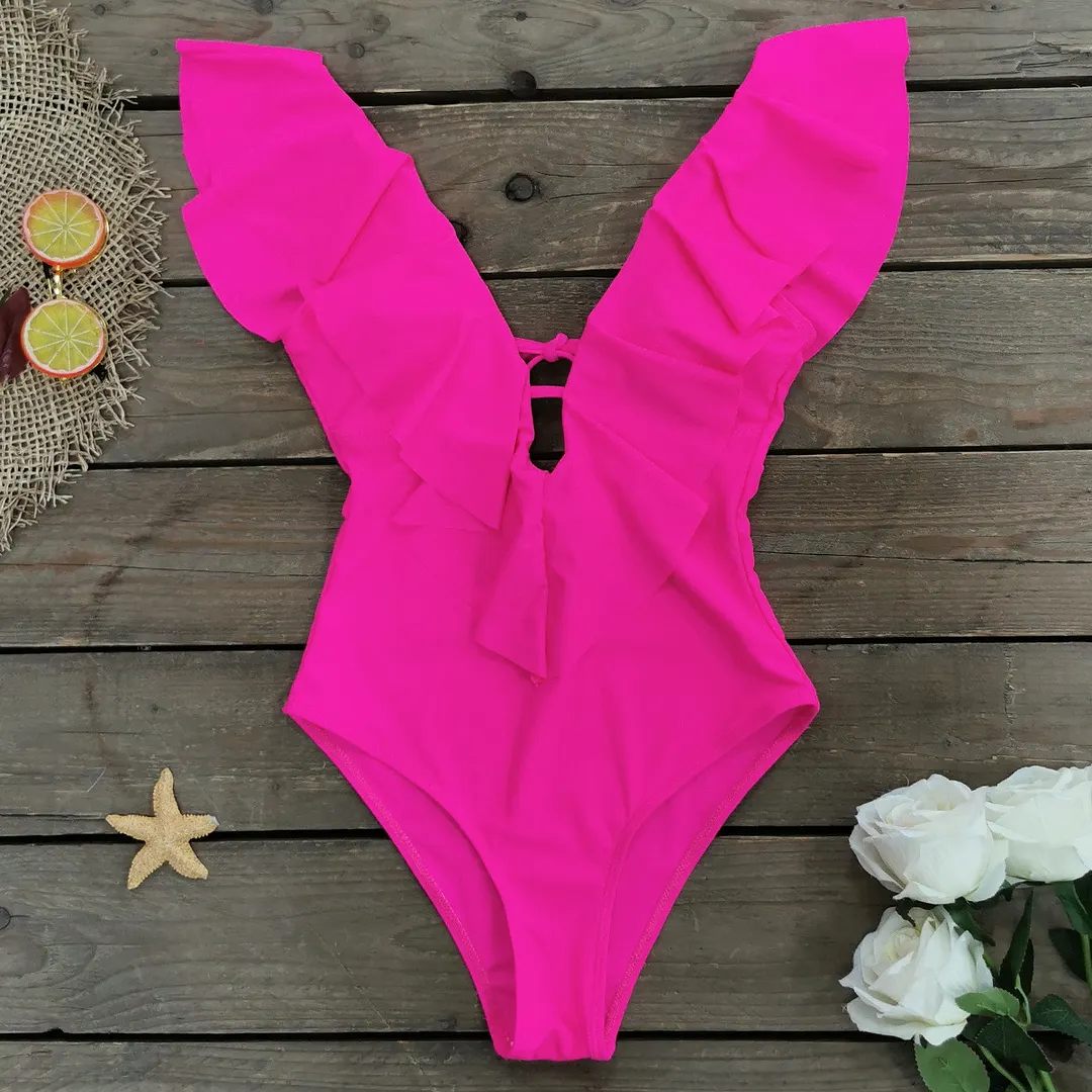 Churchf Printed Flowers Even Lotus Leaf Side Body Swimsuit Women 2025 New Swimsuit Bare Back