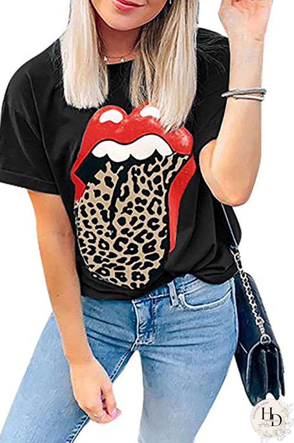 Black White Black Grey O Neck Short Sleeve Patchwork Print Slim fit Lips Print Tops
