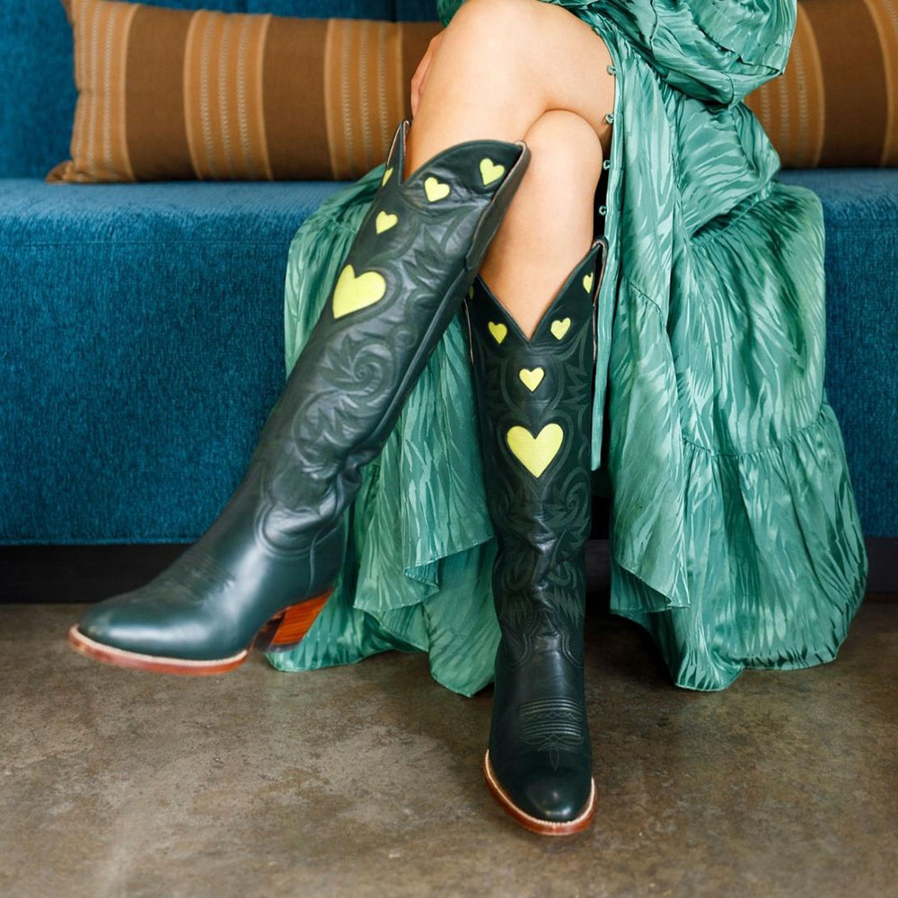 Green Almond Toe Heart Knee High Cowgirl Boots with Chunky Heels