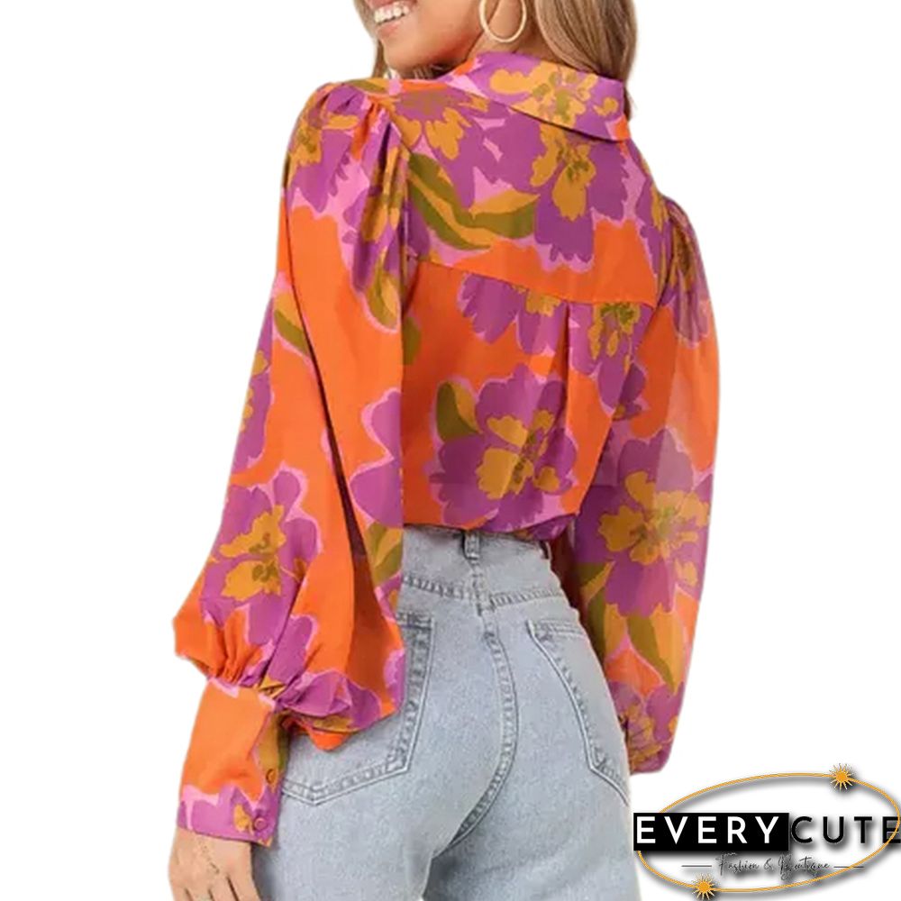 Orange Floral Chiffon Lantern Long Sleeve Blouse