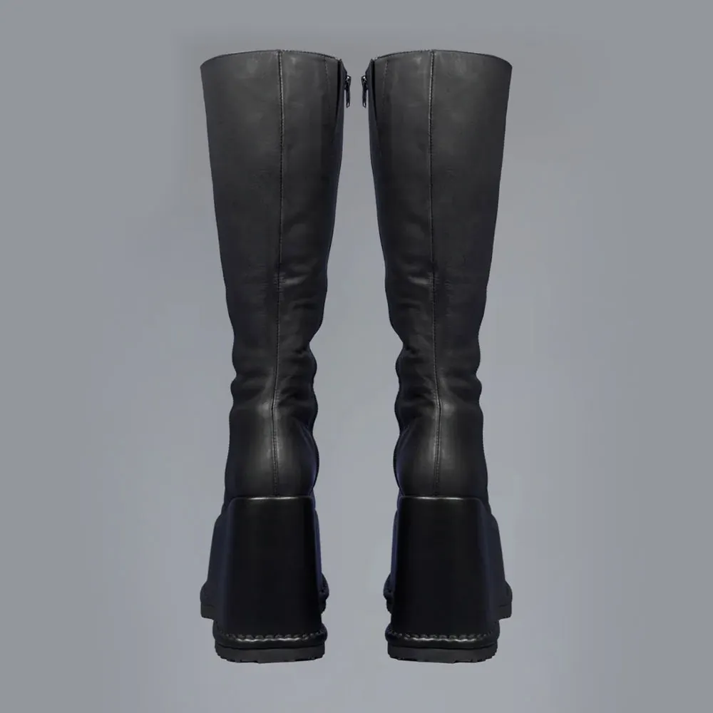 Women's Black Round Toe Wedge High Heel Platfrom Boots with Zip