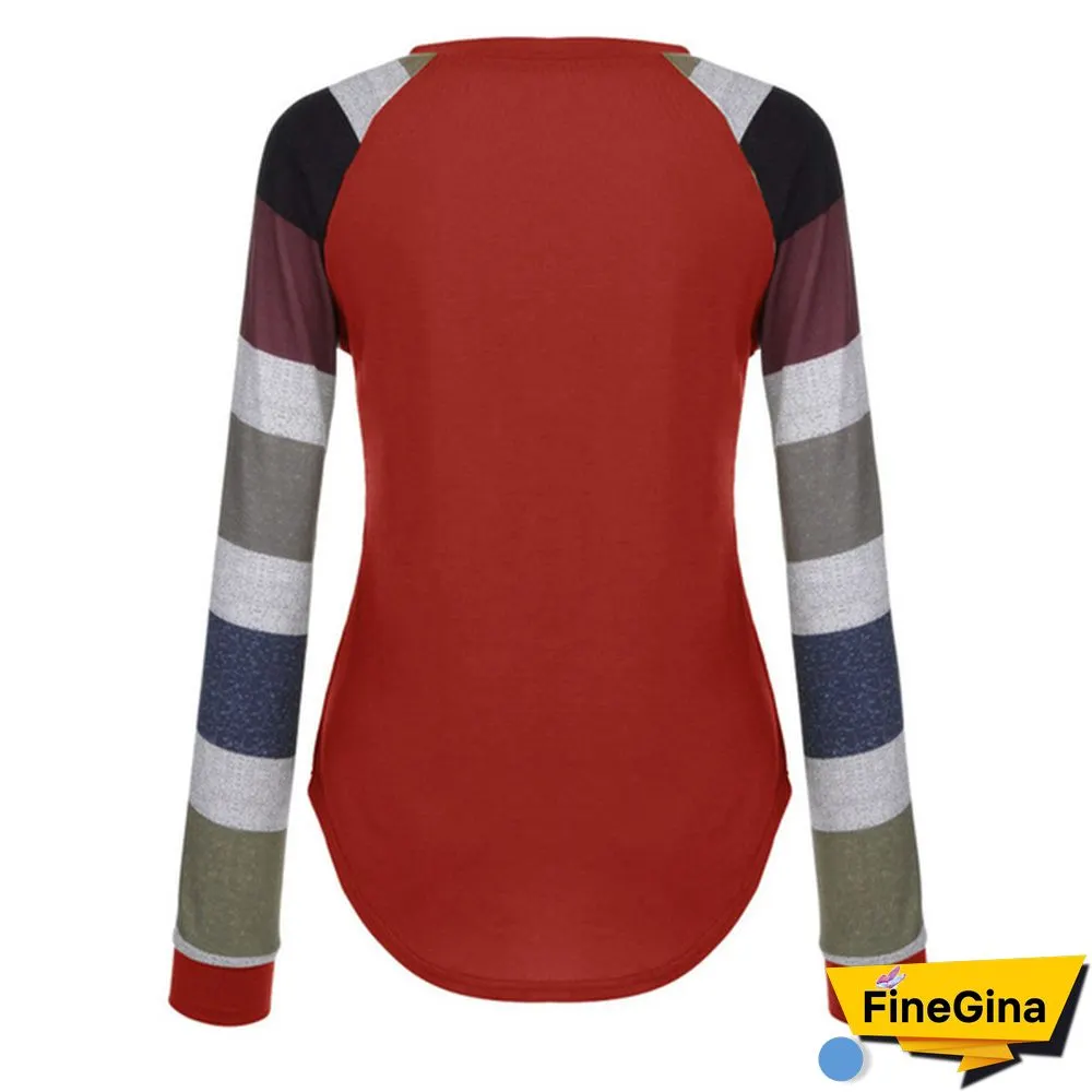 Women Spring-Autumn Stripe Sleeve Patchwork Casual Top T-Shirt Loose Long Sleeve Blouse S-XXL
