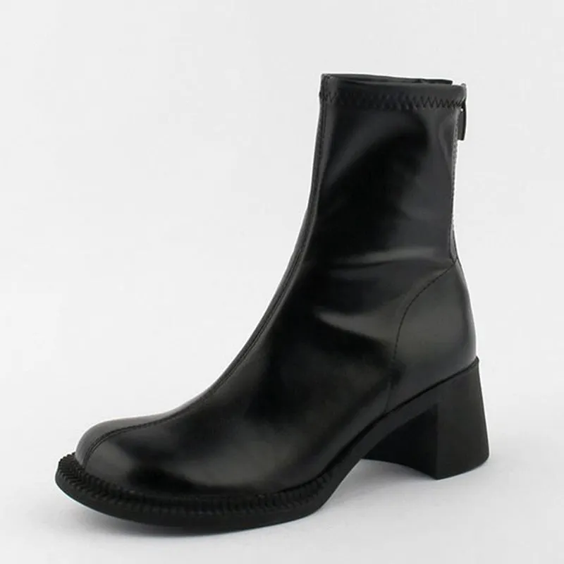 Lucyever Vintage Big Toe Chunky Heels Boots Women Pu Leather Platform Ankle Boots Ladies Elastic Zipper Autumn Winter Booties