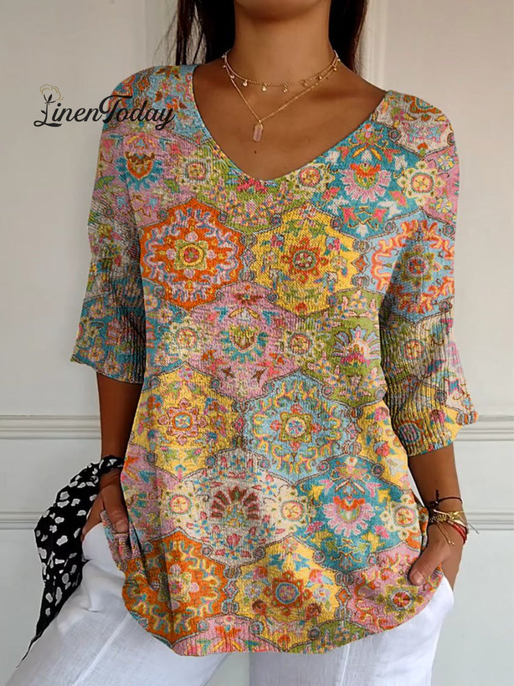 Women&rsquo;s Vintage Ethnic Floral Art Print Casual Pullover Knit Multicolor / S