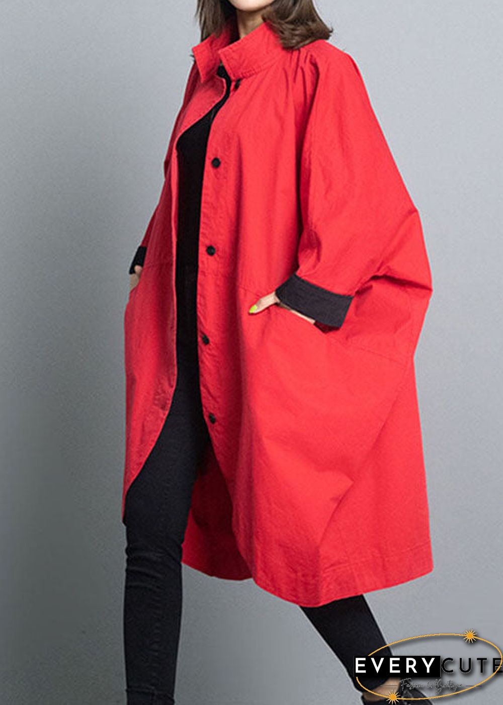 Fitted Red Loose Bat wing Sleeve Turtleneck Fall trench coats