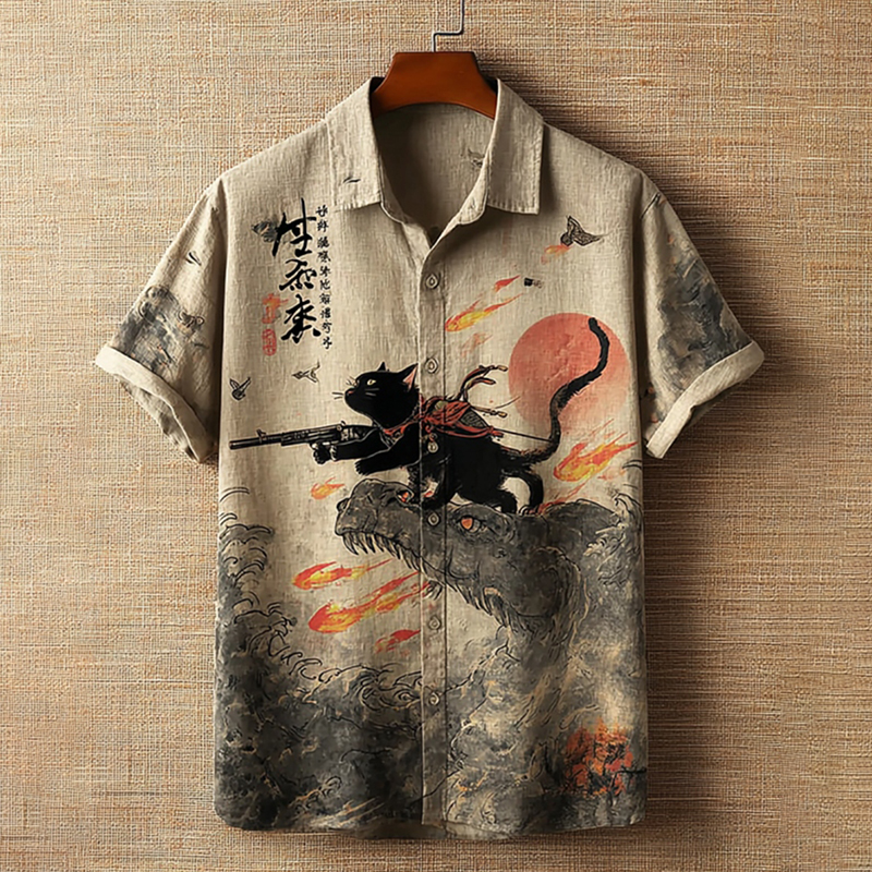 Men's Retro Black Cat Printed Short Sleeve Shirt