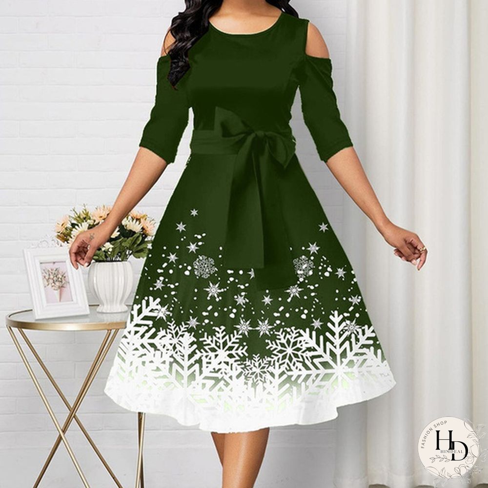 New Arrival Women Belted Snowflake Print Cold Shoulder Round Neck Elegant Dress Plus Size Fashion Christmas Party Dress S-5Xl
