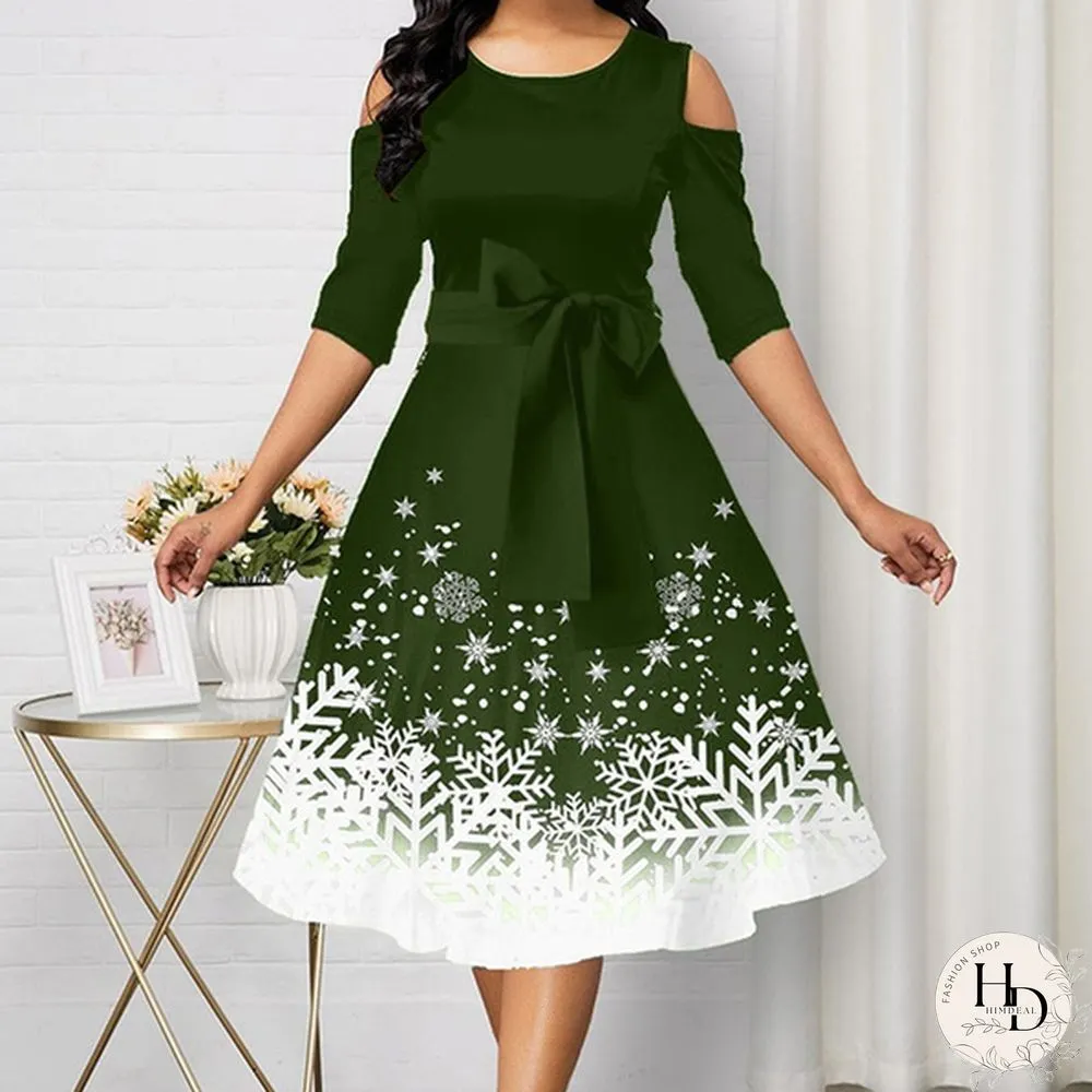 New Arrival Women Belted Snowflake Print Cold Shoulder Round Neck Elegant Dress Plus Size Fashion Christmas Party Dress S-5Xl