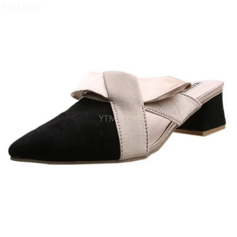 2022 Hot Sales Pointed Toe Women Slippers Bow Slides Party Square High Heels Mules Shoes Elegant Ytmtloy Indoor Zapato Mujer