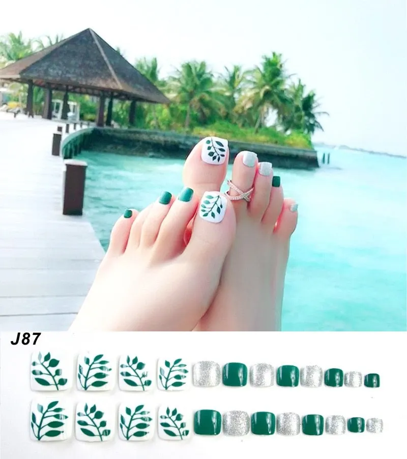 24Pcs Pretty Summer Beach Toes False Nails Rhinestone Pre-design Full Cover Red Foot Artificial Fake Nails with Glue Nail Beauty-Nail Inspo