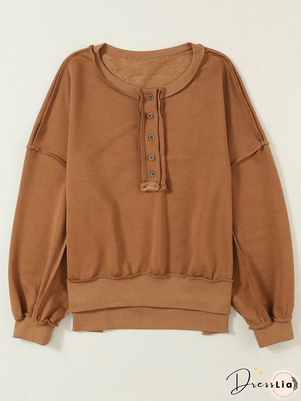 Cozy Brown V-Neck Button Detail Pullover Sweatshirt