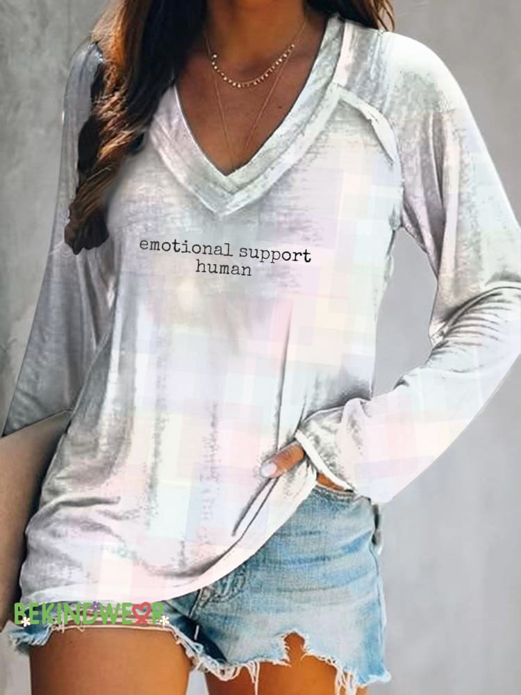 Emotional Support Human Print Casual V-Neck Long Sleeve Top Color / S