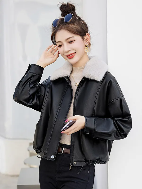 Athvotar Athvotar Fur Collar Plus Velvet Coat Women 2025 Winter New Small Loose PU Locomotive Jacket Jacket