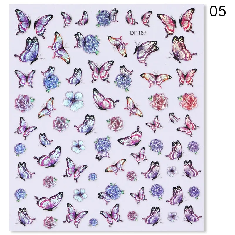 1pc Holographic Blue Nail Stickers Pink Colorful Butterfly Art Sticker With Adhesive DIY Extension Flowers Rose Nail Decoration-Nail Inspo