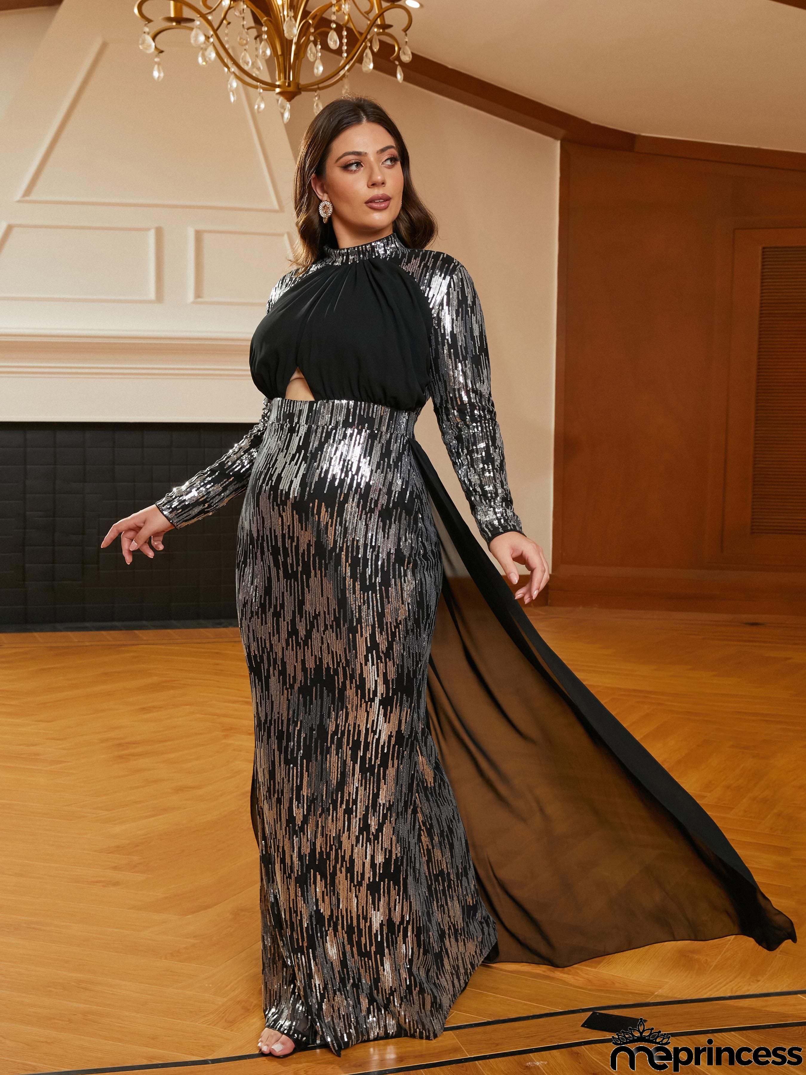 Stand Collar Panel Cutout Sequin Black Prom Dress RH30630